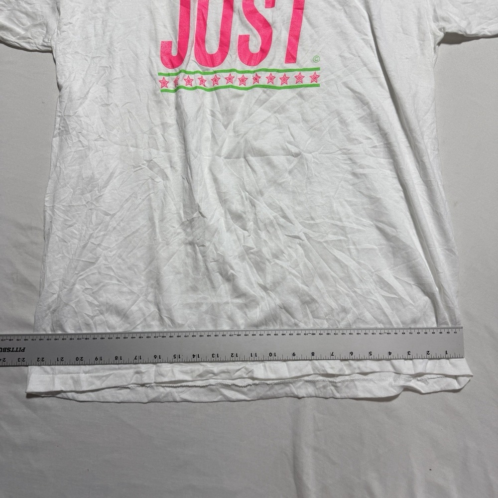 Vintage 90s Oneita JUST Neon Parody Graphic Tee XL White Pink Green Stars - Picture 4 of 10
